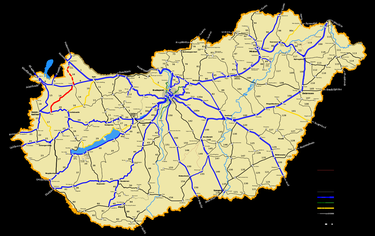 A jelenleg villamosított vasútvonalak térképe, kékkel a villamosított vonalak, pirossal a frissiben átadott Csorna-Porpác szakasz, szaggatott pirossal a heteken belül elkészülő Csorna-Mosonszolnok szakasz<br>(forrás: Wikipedia)