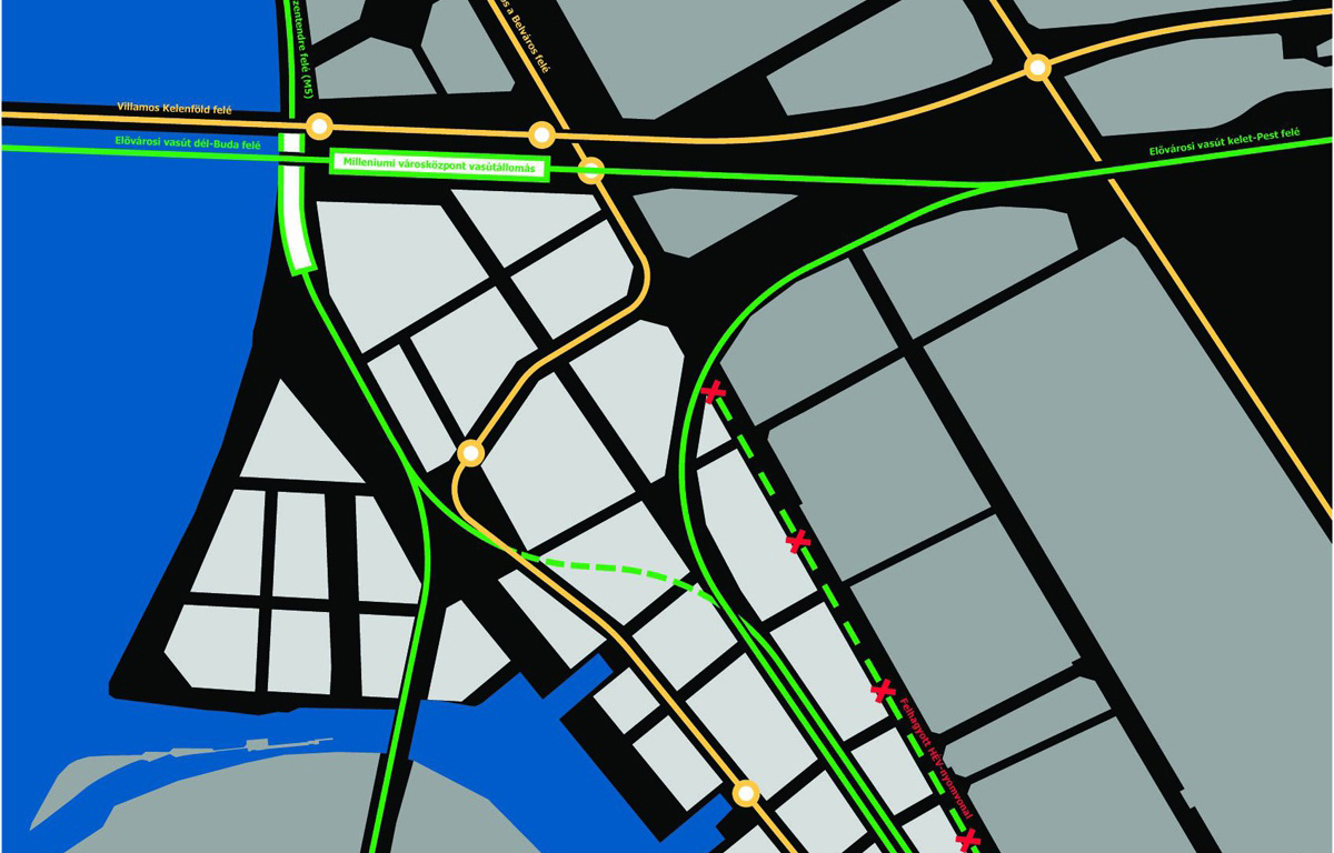 Egy lehetséges elrendezés: a HÉV a vasút nyomvonalát követve kerül a Duna-partra. Egy régi városépítészeti pályázat érdekes maradéka a szerző gyűjteményéből