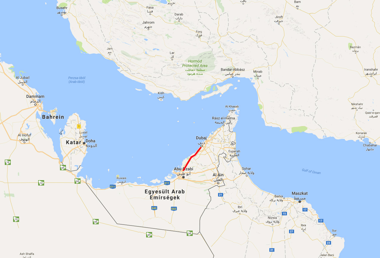 Az öbölparti városok, Abu-Dhabi és Dubai között 150 kilométer a távolság (forrás: google)