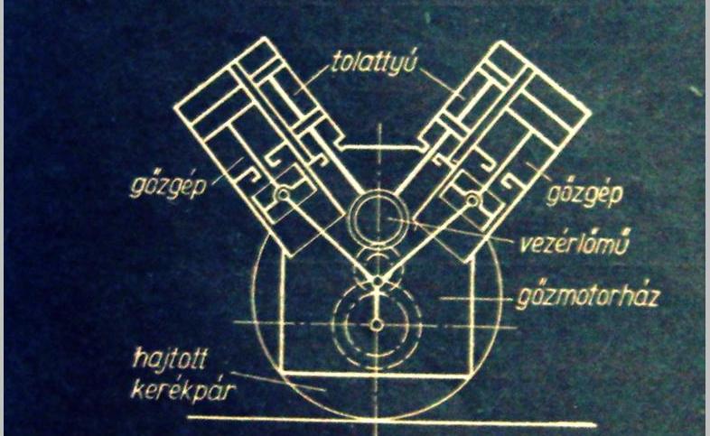 A V elrendezésű gépezet vázlatos rajza.