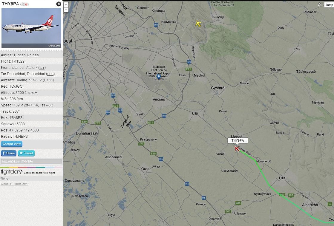 A gép a 31 jobb pálya felé közelít (Flightradar screenshot, Béres Márton)