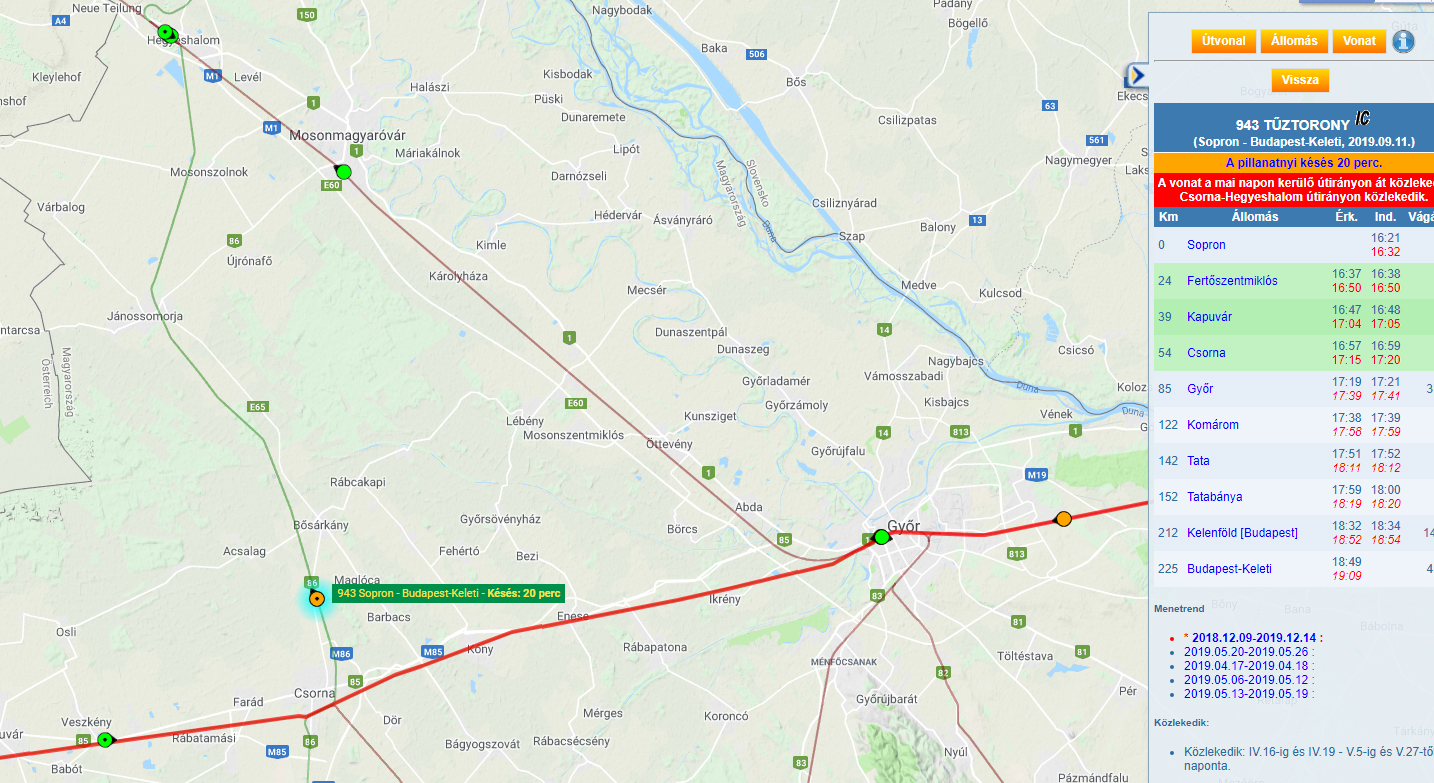 A 943-as intercity kerülő útirányon közlekedik (forrás: Vonatinfó)