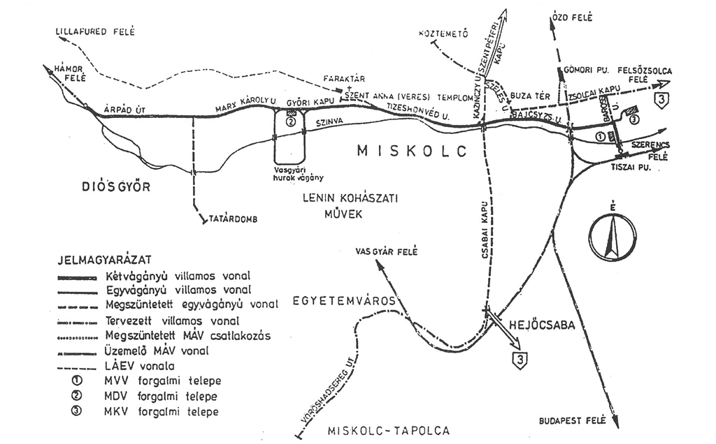 Miskolc villamoshálózatának térképe, száz év összes vonalával<br>A képre kattintva fotógalériánk nyílik meg<br>(A külön nem jelölt archív képek forrása: Berta József–Kertész István: 100 éves Miskolc város tömegközlekedése, Miskolc 1997)