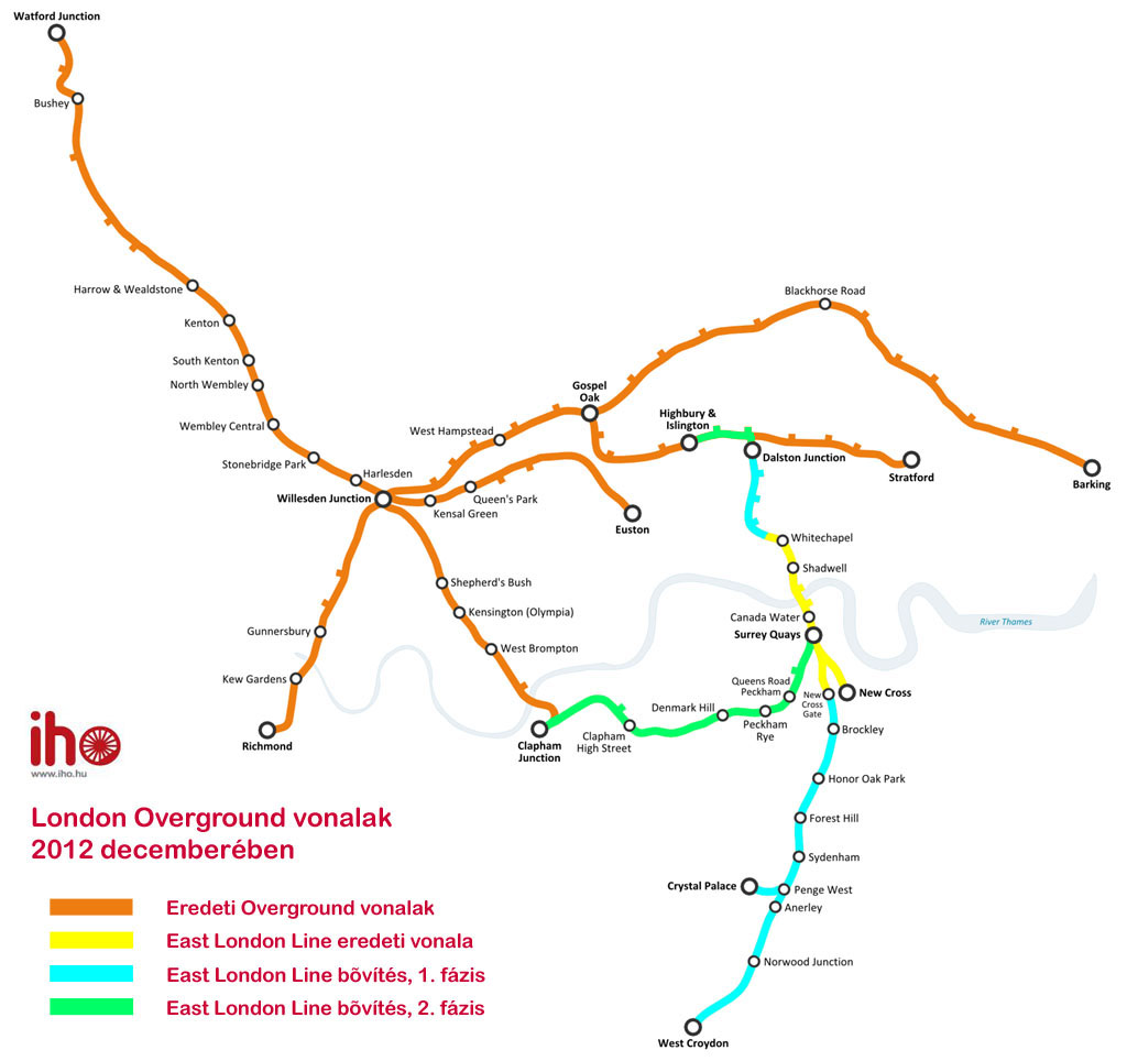 London Overground vonalak 2012 decemberében<br/>A képre kattintva galéria nyílik<br/>(IHO grafika)