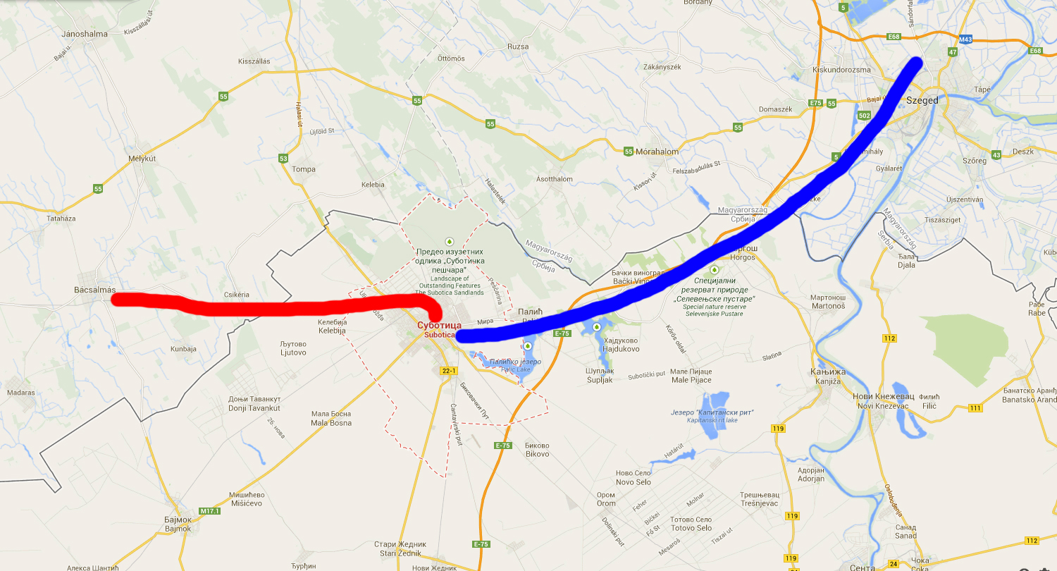 A piros részen nincs meg, vagy járhatatlan a pálya, a kék szakaszon most is jár személyvonat<br>(térkép: Google)