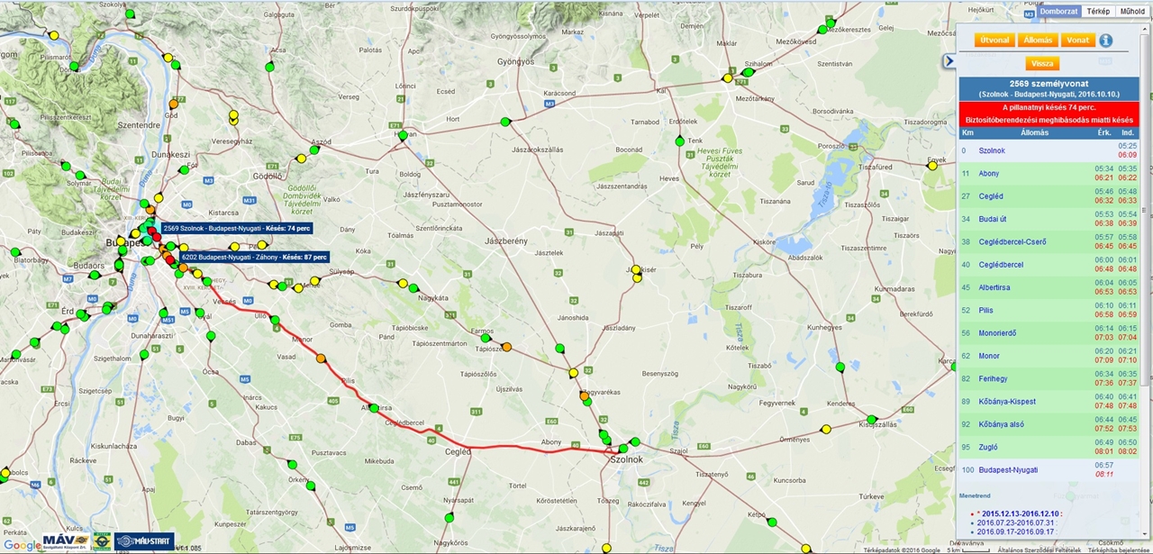 A nyolc óra után pár perccel készült képernyőmentéskor két Szolnok-Nyugati személy, valamint a 6202-es Nyugati-Záhony sebesvonat haladt egy óra feletti késéssel a szolnoki biztberhiba miatt