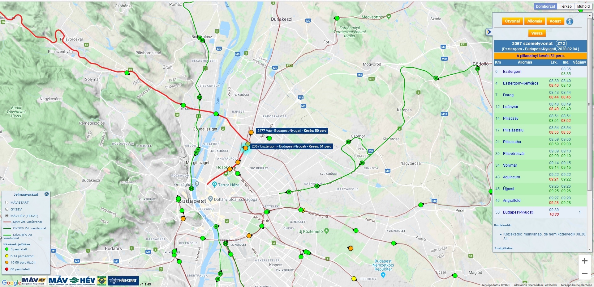 A Rákosrendezőnél történt siklás miatt jelentős késésekkel közlekednek a vonatok a szobi, veresegyházi és az esztergomi vonalakon (kép forrása: vonatinfo.mav-start.hu)