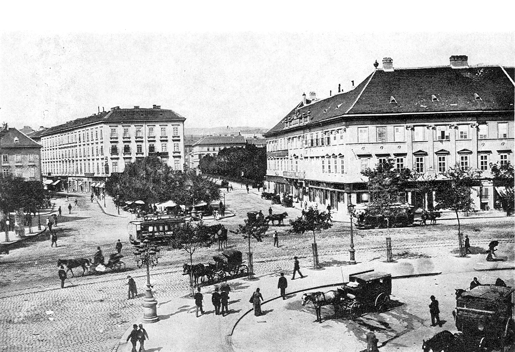 A mai Deák tér a XIX. század nyolcvanas éveiben (forrás: Dr. Nagy Ervin–Dr. Szabó Dezső: Budapest közlekedése tegnap, ma, holnap – Műszaki Könyvkiadó, Budapest, 1977)