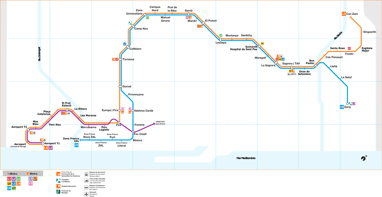 A narancs színnel jelölt, harminc kilométer hosszú barcelonai 9-es vonal Európa leghosszabb vezető nélküli metróvonala (térkép: Wikipedia)
